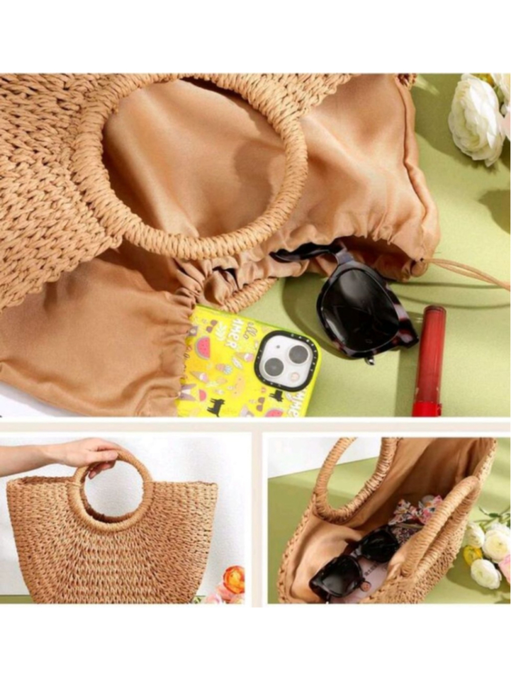 Tan Purse Straw Tote Bag Vacay Tote Shoulder Bag Light Brown Rattan Beach Purse - Picture 11 of 13